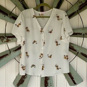 Ana & Rose Women's Embroidered Top Size XL Short Sleeve White Floral Blouse